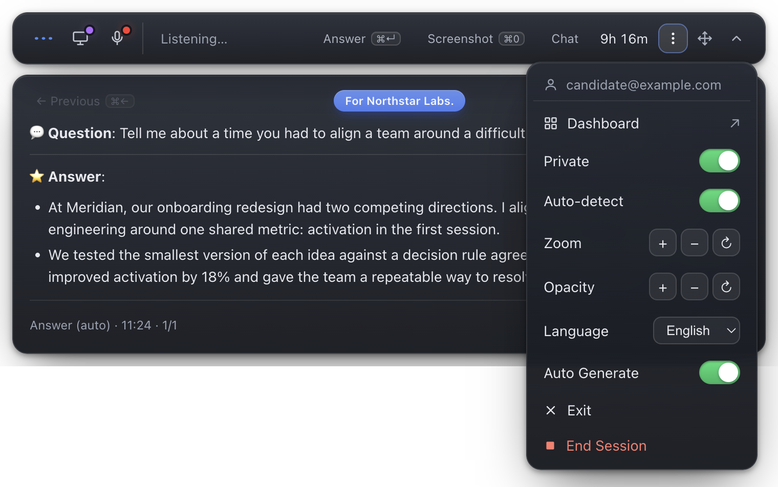 Beak's live overlay with the settings menu open