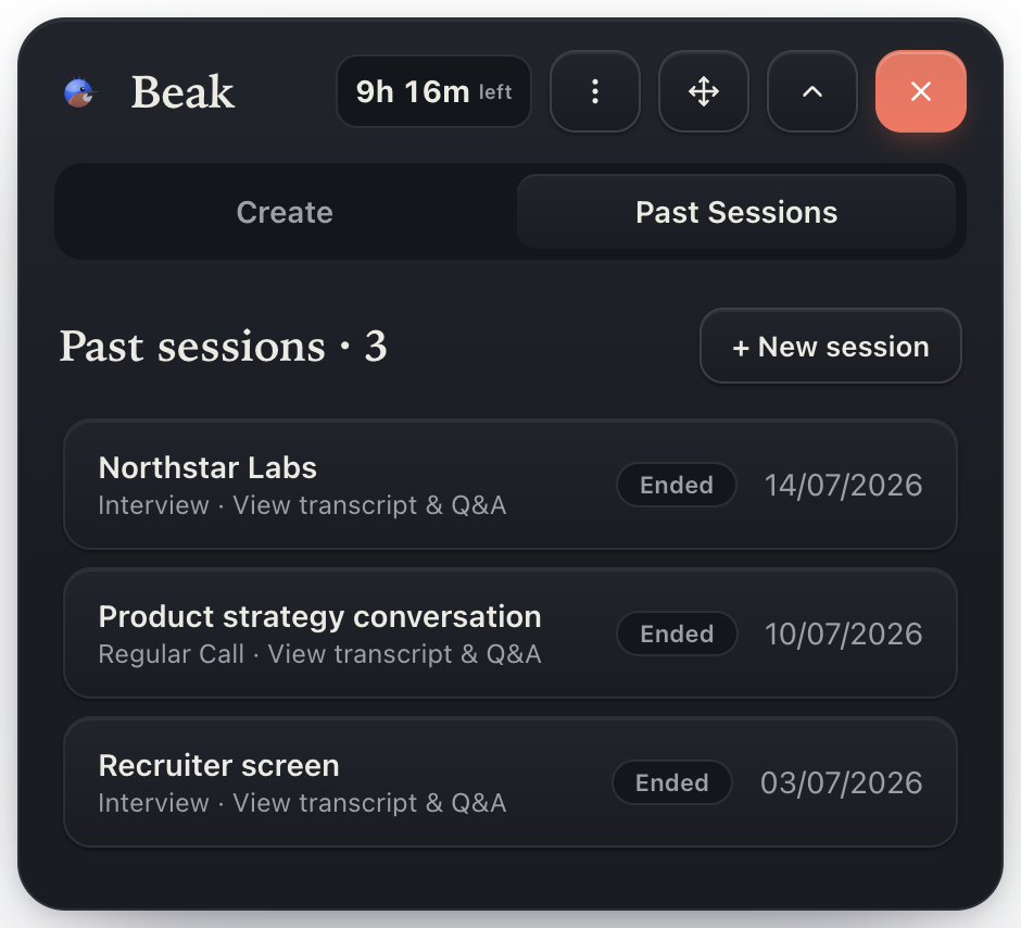 Beak's past-sessions list